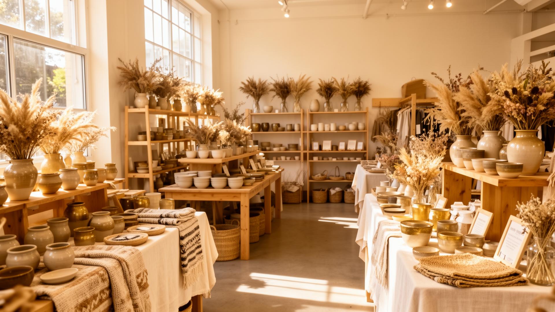 Curated artisan marketplace interior with handmade pottery and dried florals