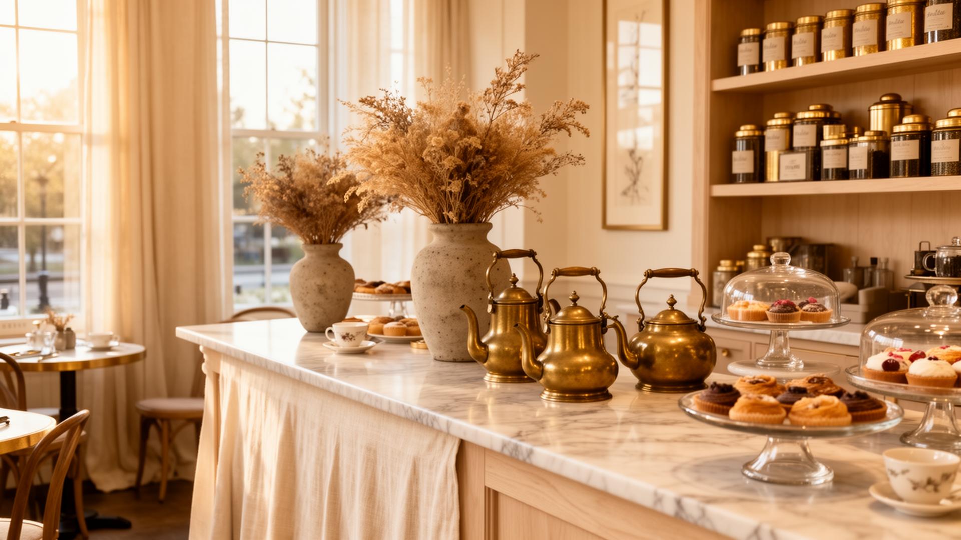 Sunlit tea room counter with brass kettles, marble surface, and dried florals