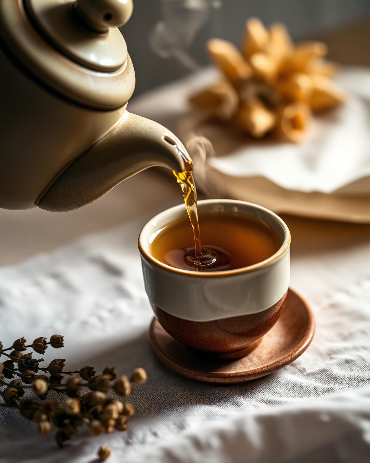 Loose-leaf tea poured from a stoneware kettle into a handmade ceramic cup