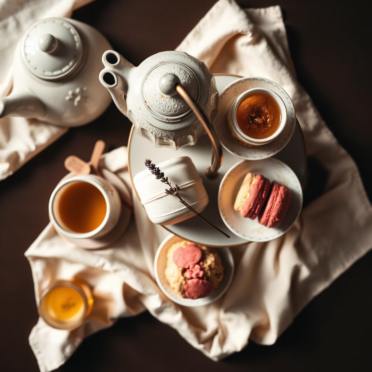 Overhead tea service with teapot, tiered tray of pastries, and lavender sprig